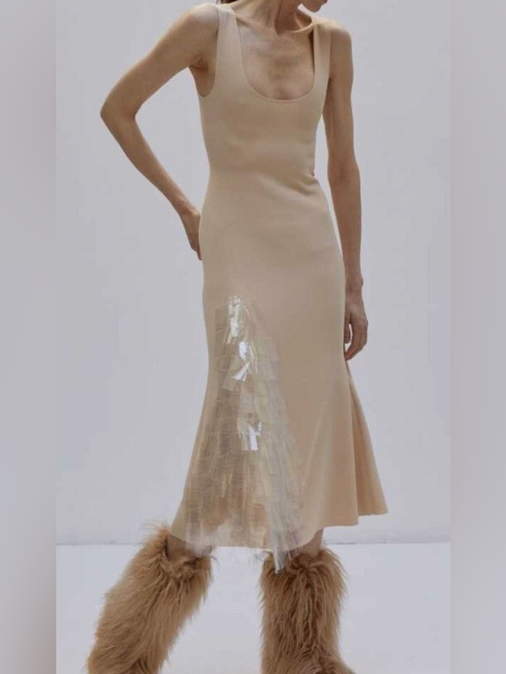 A.W.A.K.E. MODE BEIGE FITTED TANK MIDI DRESS